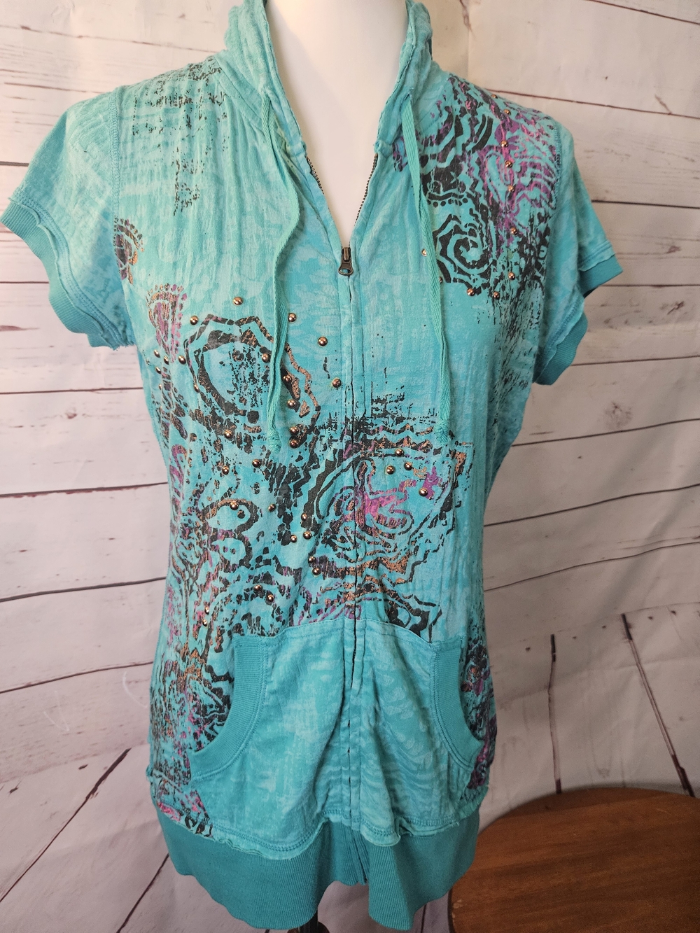 Maurices Turquoise Floral Zip Hoodie with Stud Accents